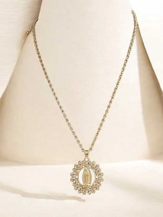 Gold Crystal Virgin Mary Pendant Necklace - Women Jewelry - Picture 1 of 6